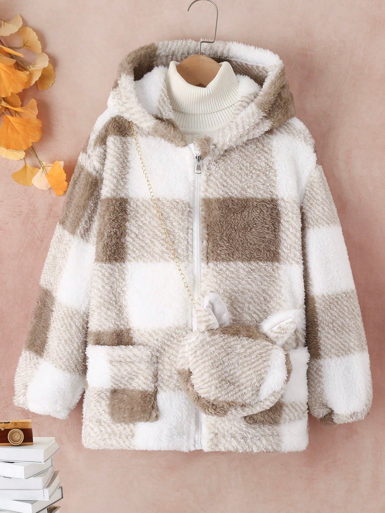 Tween Girl Buffalo Plaid Pattern Drop Shoulder Hooded Teddy Coat With Bag
