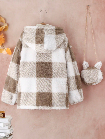 Tween Girl Buffalo Plaid Pattern Drop Shoulder Hooded Teddy Coat With Bag