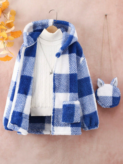 Tween Girl Buffalo Plaid Pattern Drop Shoulder Hooded Teddy Coat With Bag