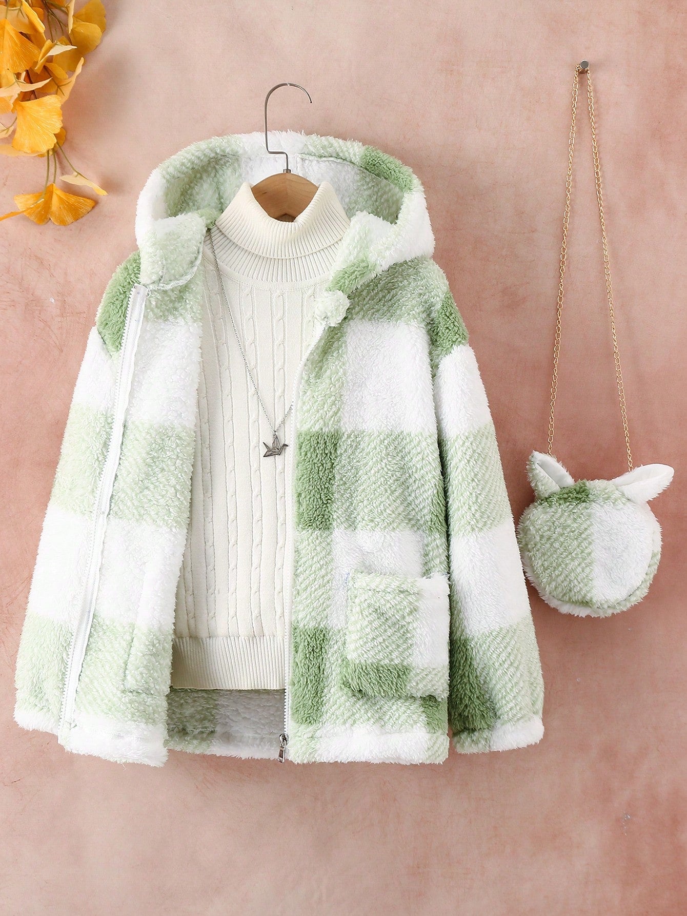 Tween Girl Buffalo Plaid Pattern Drop Shoulder Hooded Teddy Coat With Bag